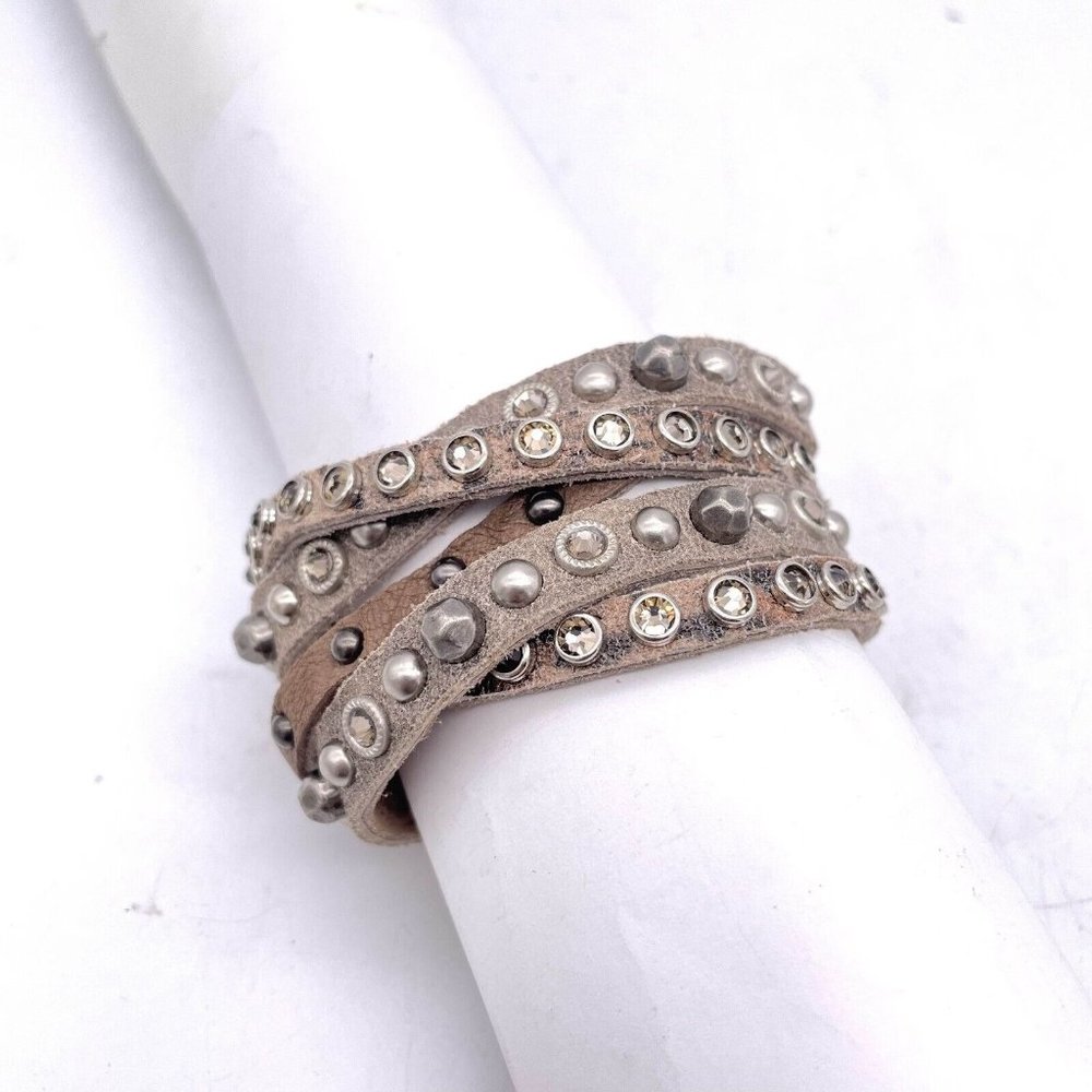 Leatherock Marilyn Bracelet Two Tone Leather Strip Studded Sparkling Crystals 8" - Picture 1 of 5
